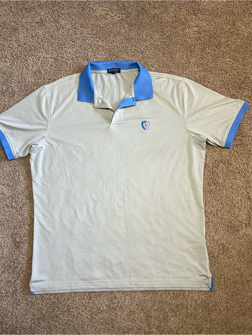 Peter Millar Light Gray Polo with Sky Blue Collar and Trim
